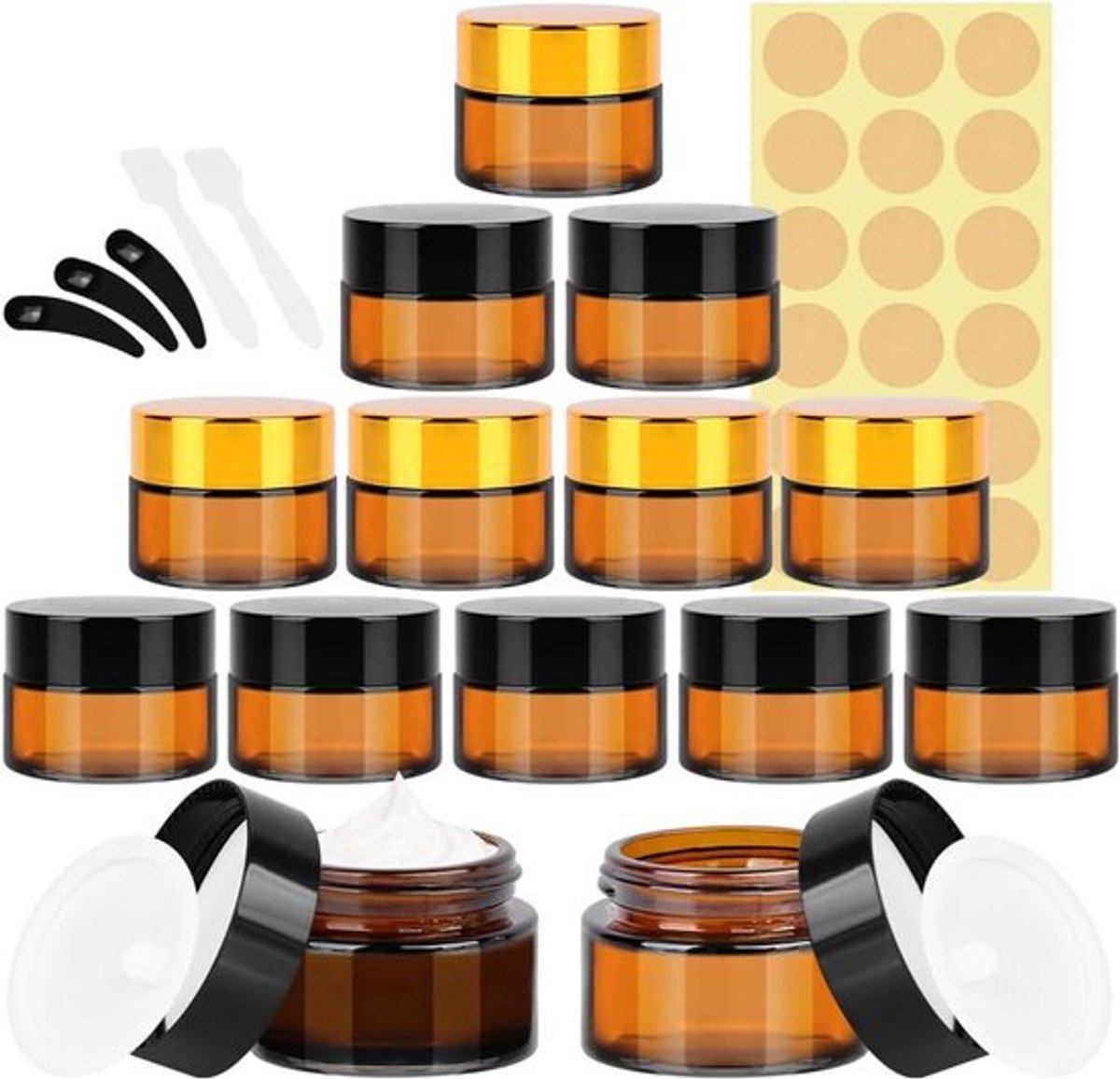 Amberkleurige glazen potten - set van 12 - 15 ml & 20 ml - lege cosmetische potten met deksels - voor poeder, gezichtscrèmes, kaarsen en make-up.