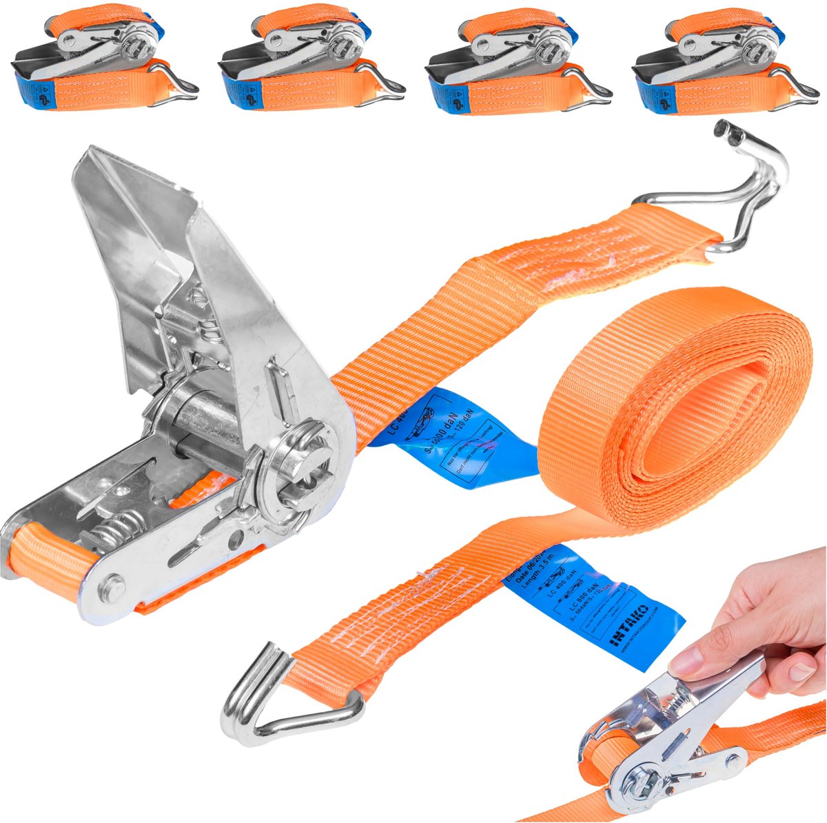 SnelShoppen - INTAKO Spanbanden met Ratel, 4m, 800kg, 25mm, Mini-Spanbandset (4 Stuks) voor Motorfietsen, Auto's, Aanhangers en Transport