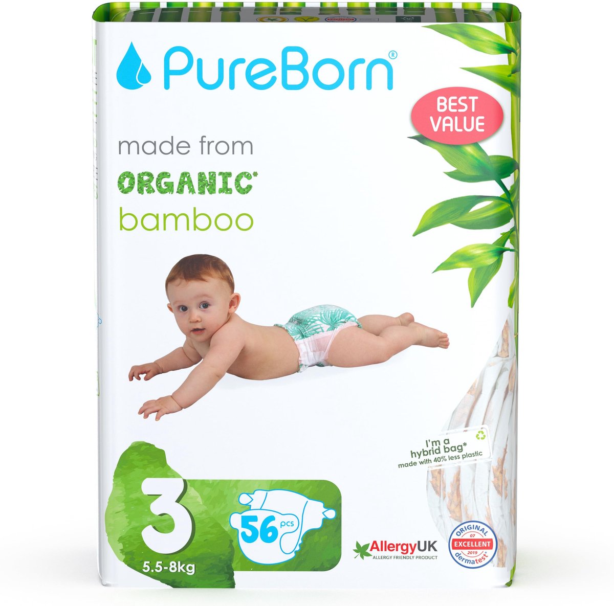 SnelShoppen - Eco Vriendelijke Bamboe Luiers Maat 3 (5,5-8 kg) - Hypoallergeen, Ultrazacht, 56 Luiers met Natheidsindicator, Assorti Prints voor Baby'