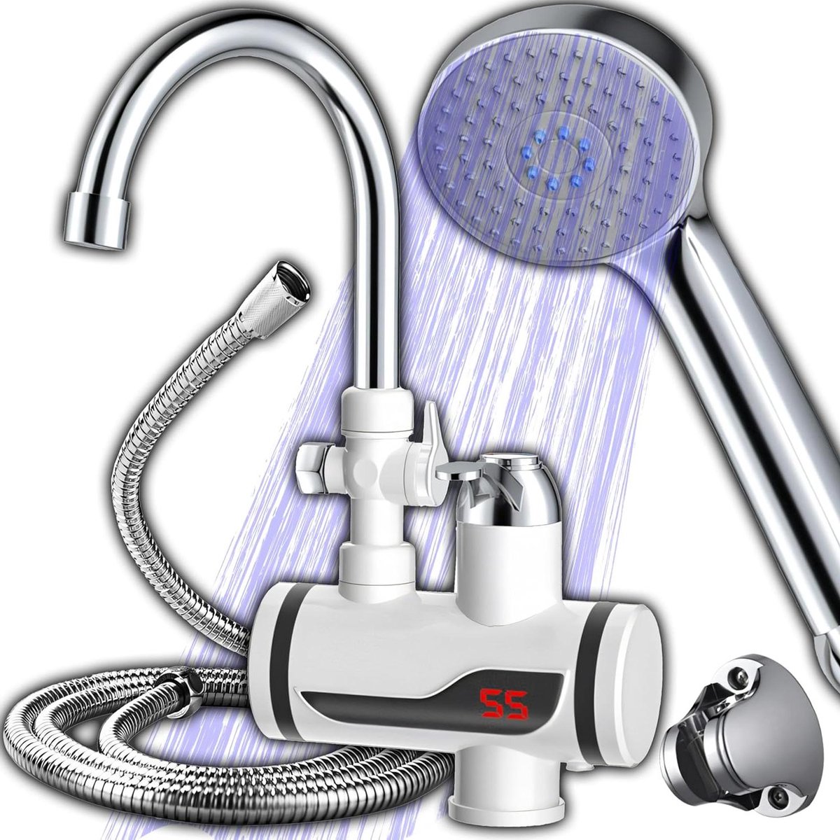 Elektrische Kraan - Doorstroomboiler Douche - Direct Warm Water - LCD Temperatuurweergave - 3000 Watt - Wit Chroom