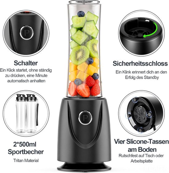 Mini Blender - Smoothie Maker - Gezonde Dranken Maken - Met 2 Flessen - 500ml Capaciteit - Zwart van MINI — afbeelding 5