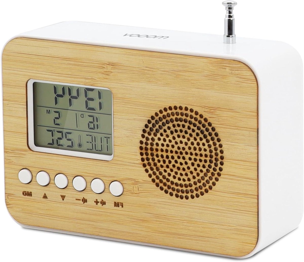 Reiswekker Bamboe - Digitale Klok - Reizen en Ontwaken - Geïntegreerde Radio - Batterijgevoed - Wit