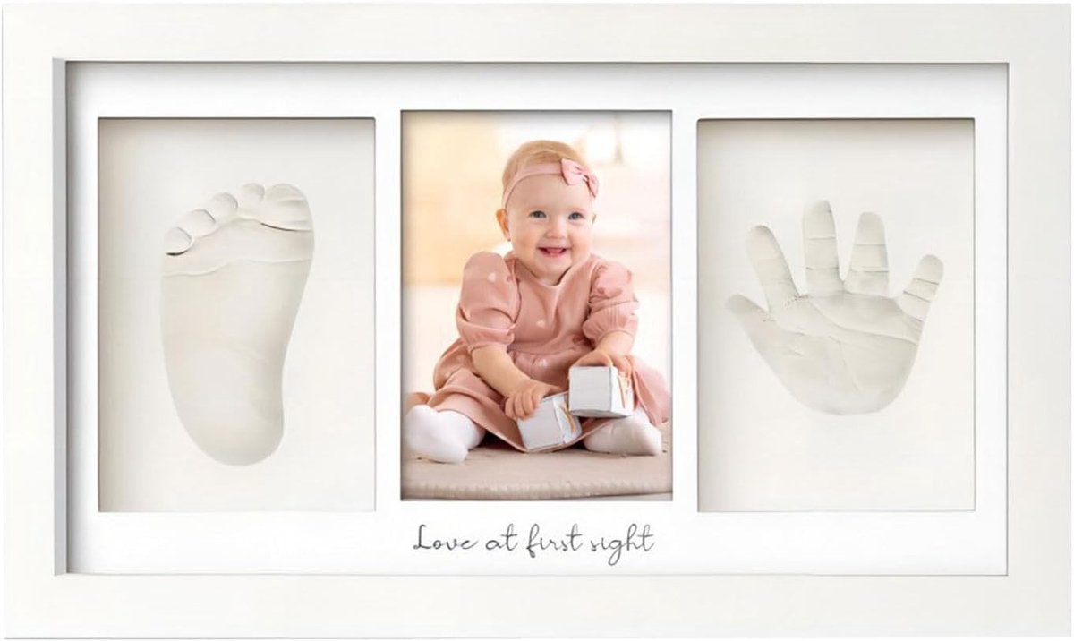 Handafdruk en Voetafdruk Set met Fotolijst, Gipsafdruk voor Baby, Houten Fotolijst, Inclusief Houten Sticks en Verpakkingsmateriaal, Letters en Cijfers