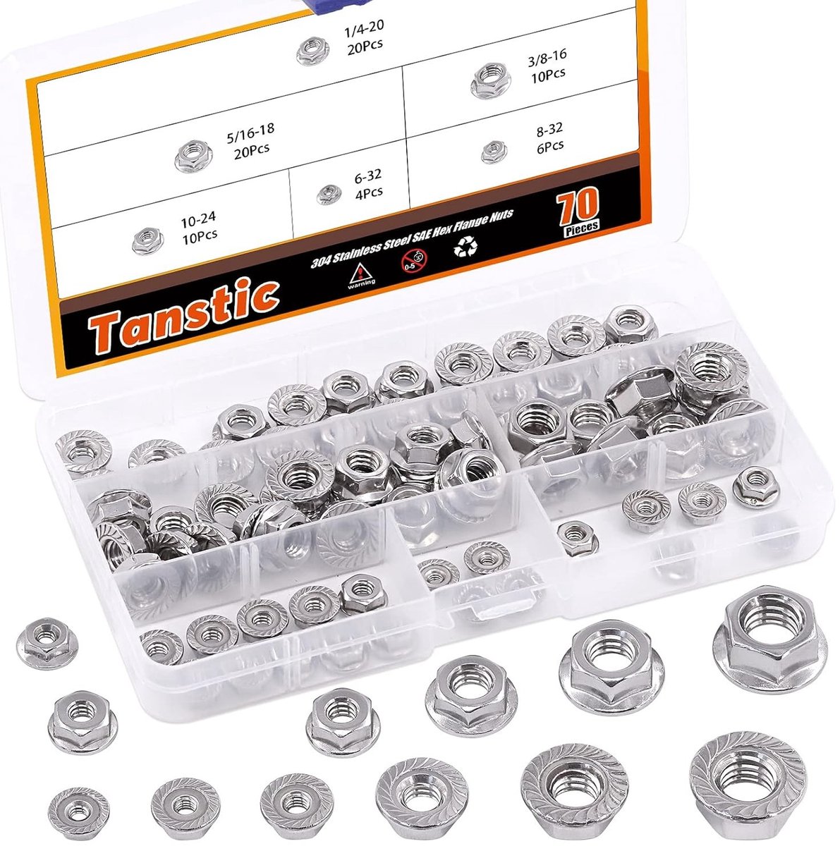 70 Stuks RVS Flens Moeren Assortiment Set - 1/4-20, 5/16-18, 3/8-16, 10-24, 8-32, 6-32 - Duurzaam, Roestvrij, Diverse Maten