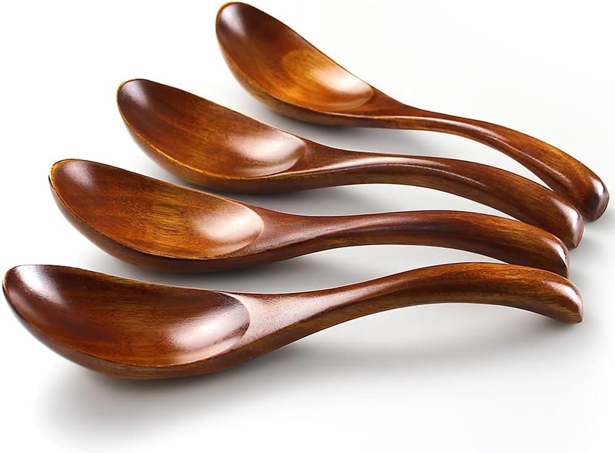 Handgemaakte ronde houten lepelset van 4 stuks, ideaal voor kinderen, rijst en desserts, keukenaccessoires voor maaltijden