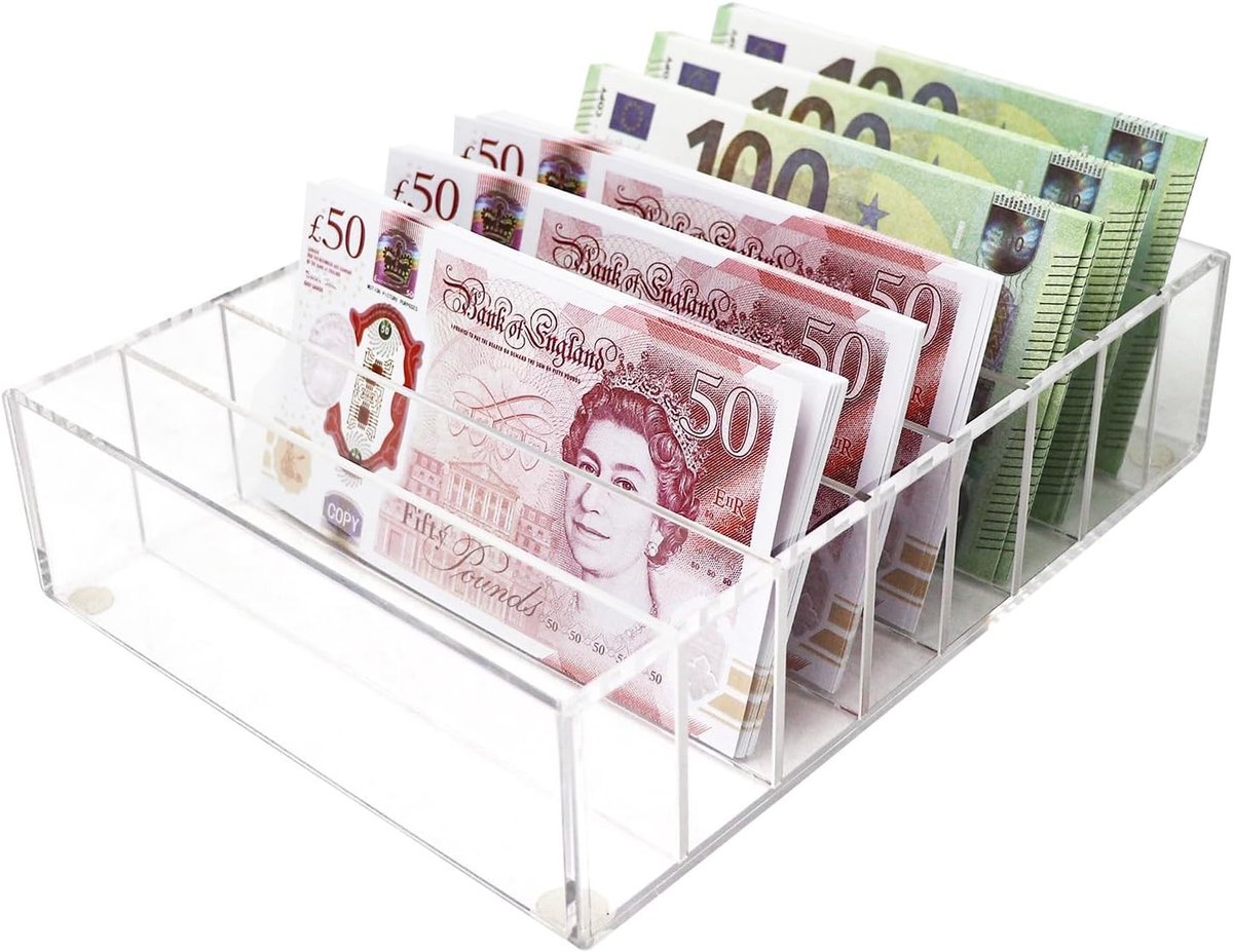 Geldorganizer met 8 Compartimenten van Transparant Acryl, Ideaal voor Briefgeld, Kassasysteem en Cash Box