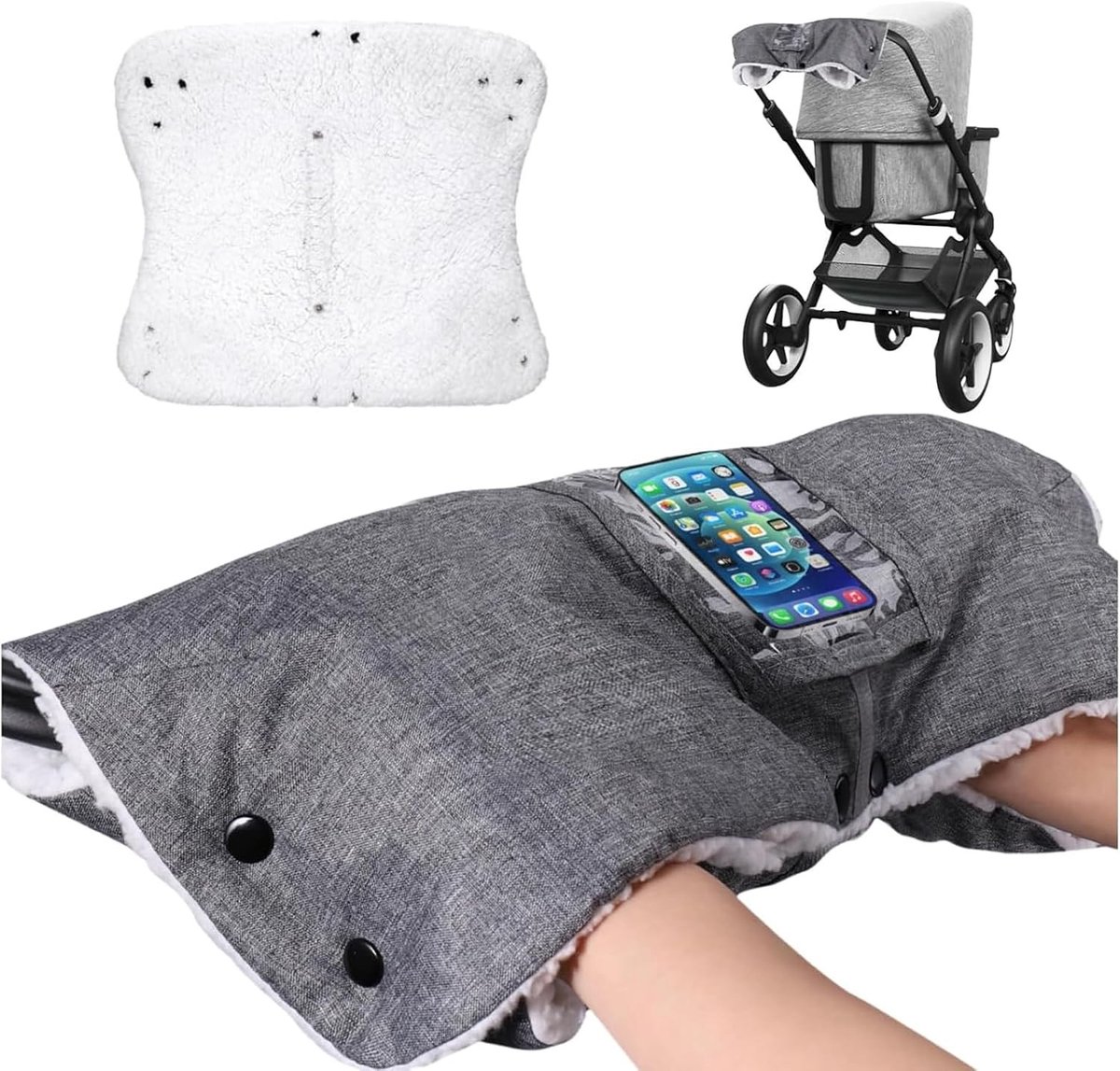 Handwarmers voor Kinderwagens, Fleece Binnenvoering, Waterdichte Handschoenen met Telefoonvak, Universele Maat voor Alle Buggies en Kinderwagens