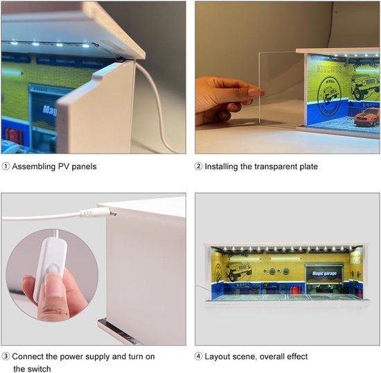 Diorama Garage Display Case voor 1/64 Modelauto's, Miniatuur Parkeerplaats met LED Verlichting, Perfect voor Verzamelobjecten en Cadeaus — afbeelding 4