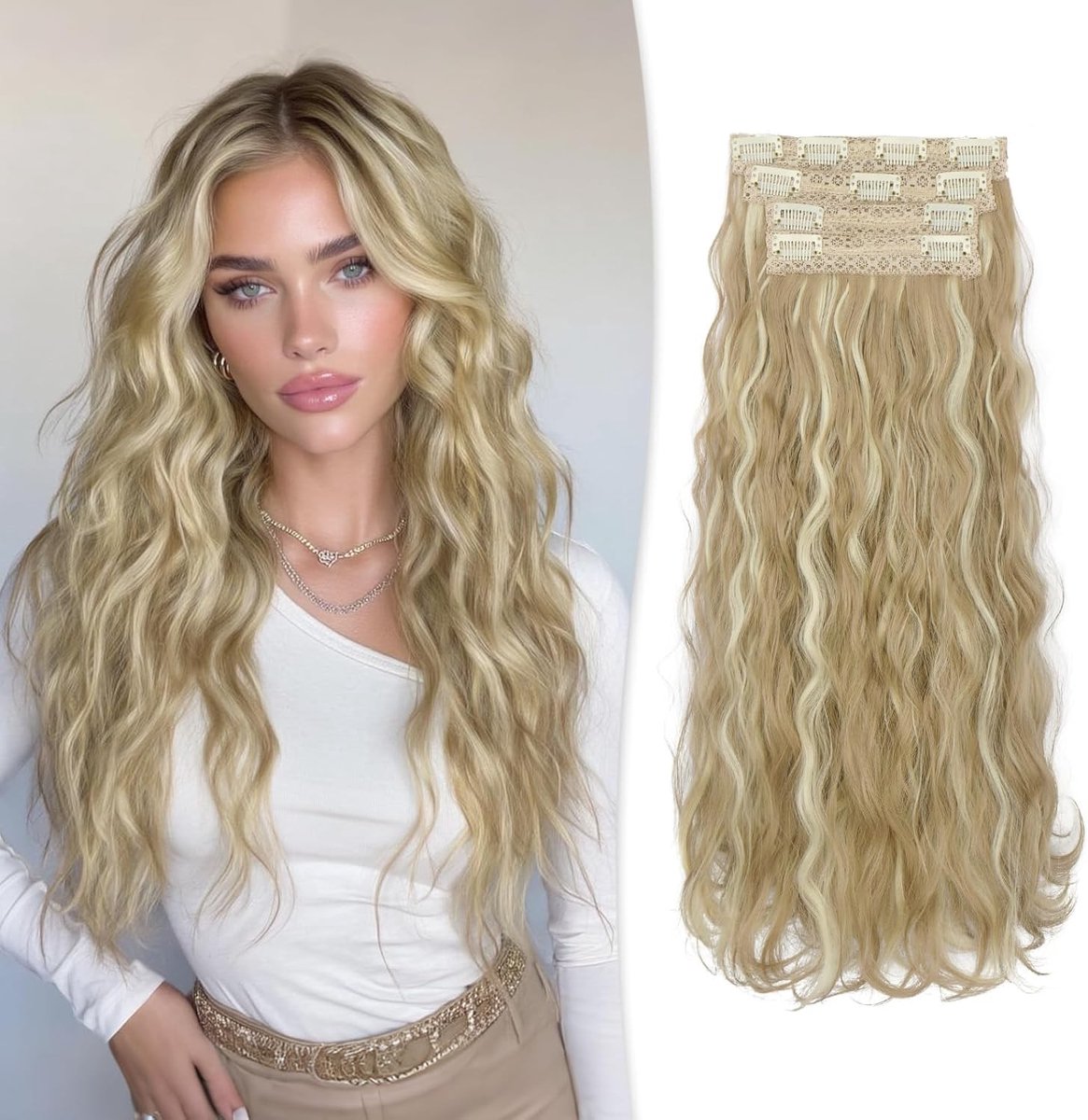 Langgolvende Clip-in Haarextensions van 45 cm - 4-delige Set Curly Synthetisch Haar voor Vrouwen in Asblond