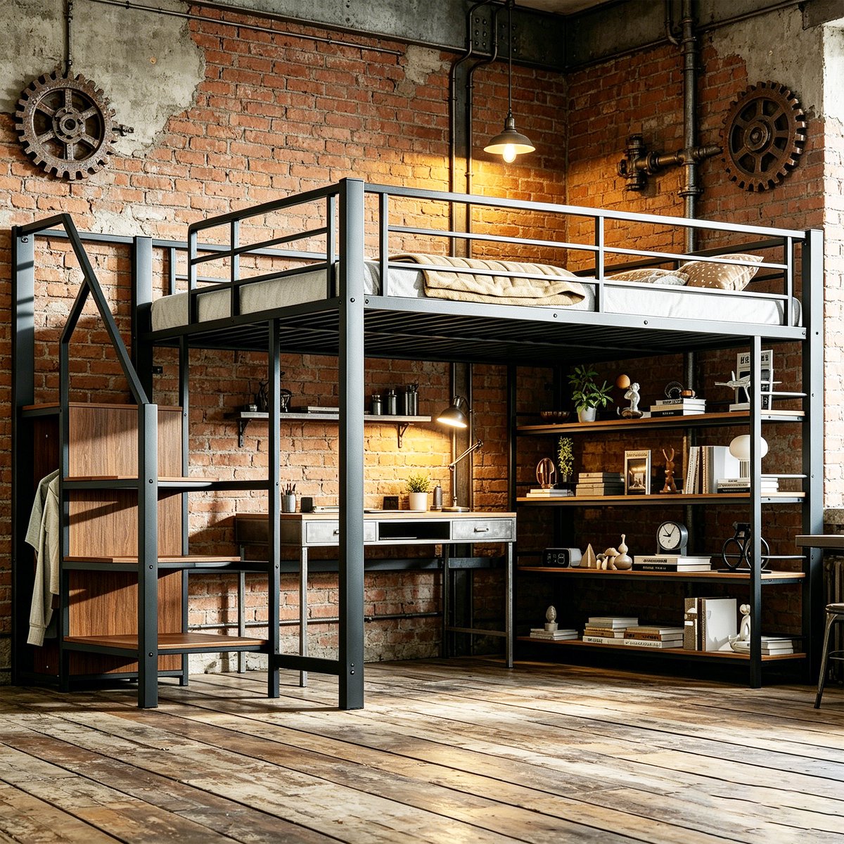 Metalen Hoogslaper 140x200 cm - Met Opbergruimte - Met Kledingkast - Met Lades - Met Ladder - Zwart