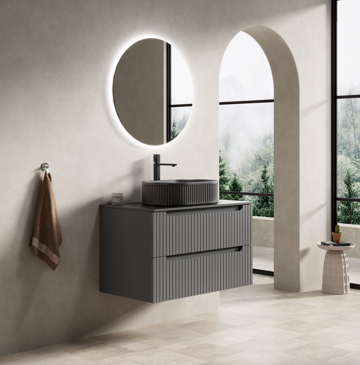 STILVORA Badkamermeubel - Wandhangend Met Opbouw Waskom En 2 Softclose Lades - Voor Moderne Badkamer - Hout Keramiek - 80x46 cm - Donkergrijs