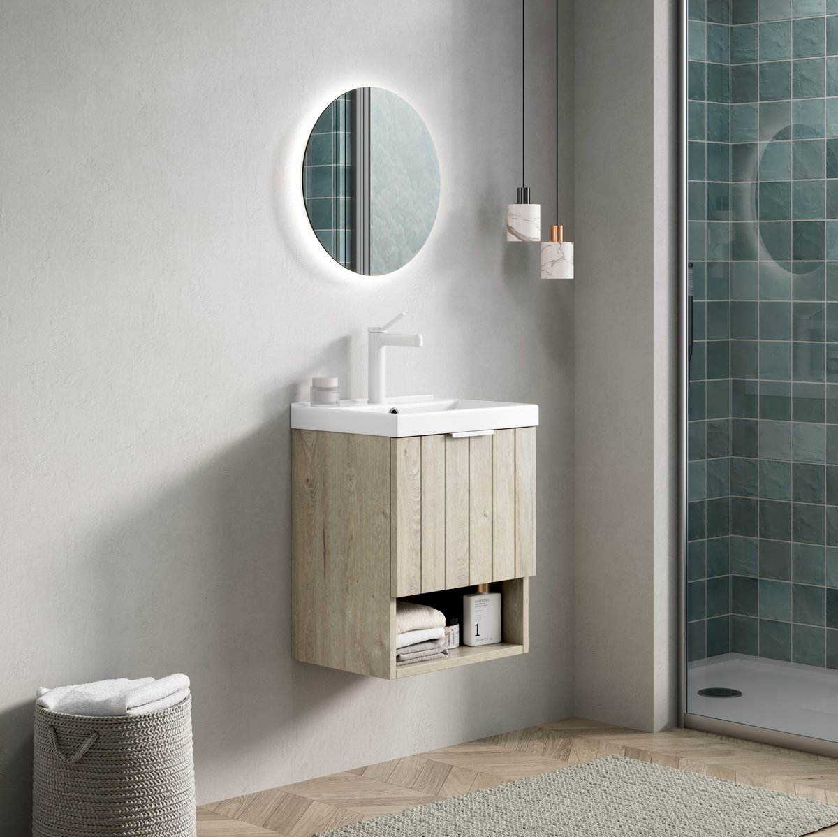 STILVORA Badkamerkast - Wandhangend Wastafelmeubel Met Keramische Wasbak - Open Vak Voor Kleine Badkamer - Hout En Keramiek - 42x32x48 Cm - Wit