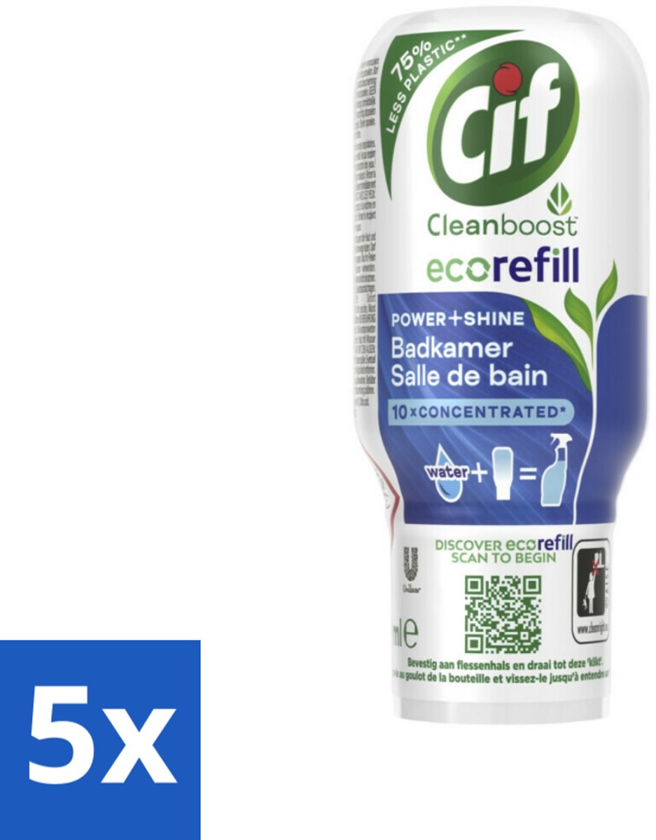 5 x Cif Eco Refill - Power & Shine - Badkamerreiniger - Spray - 70 ml - Badkamerreiniger - Ecorefill - Herbruikbare Reiniger - Milieuvriendelijke Reiniger - Krachtige Badkamerreiniger