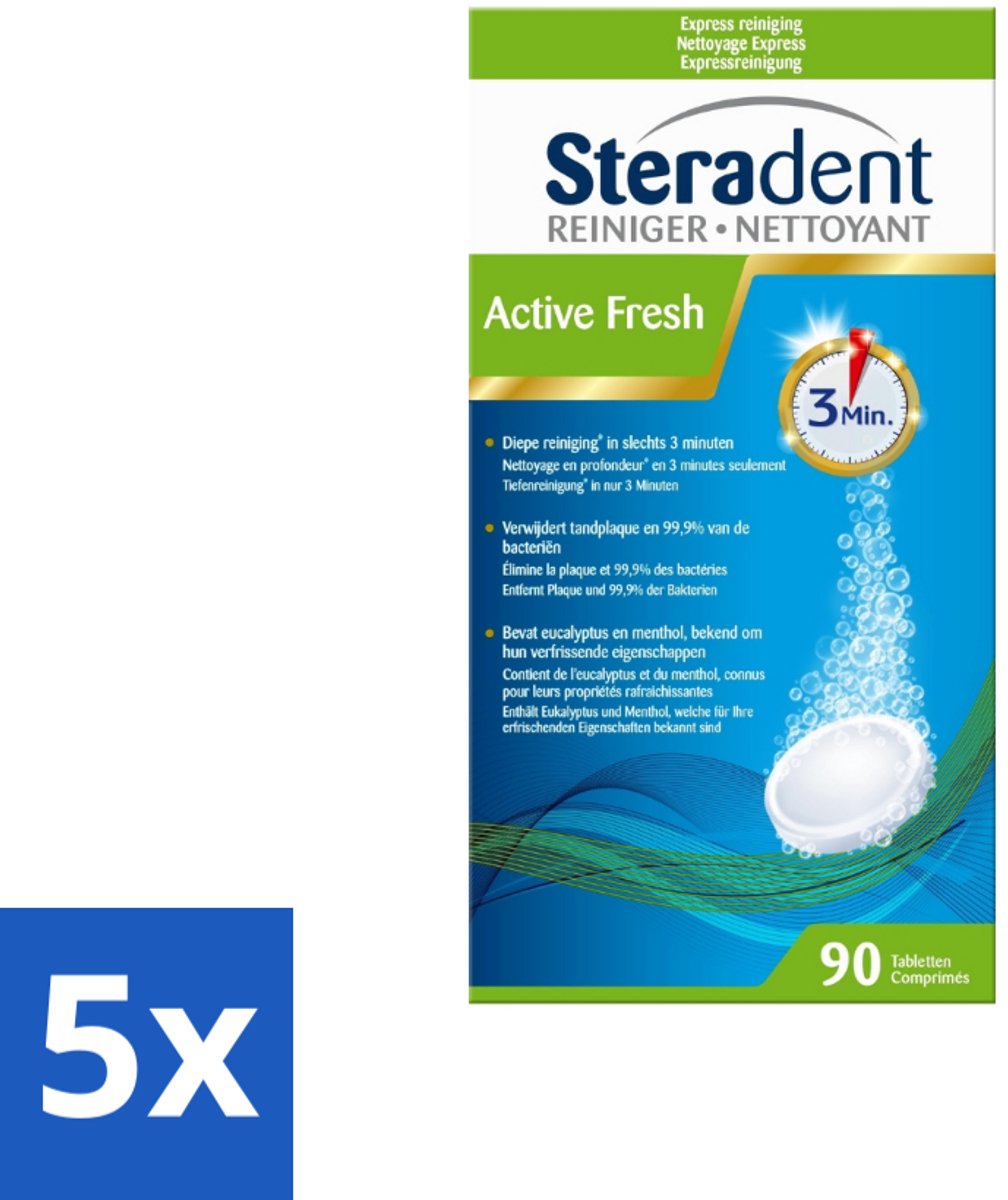 5 x Steradent - Kunstgebitreiniger - Active Fresh - Menthol En Eucalyptus - 90 Tabletten - Kunstgebit Reinigen - Kunstgebit Reiniging - Kunstgebit Reiniging Tabletten - Kunstgebit Frisheid - Kunstgebit Geur