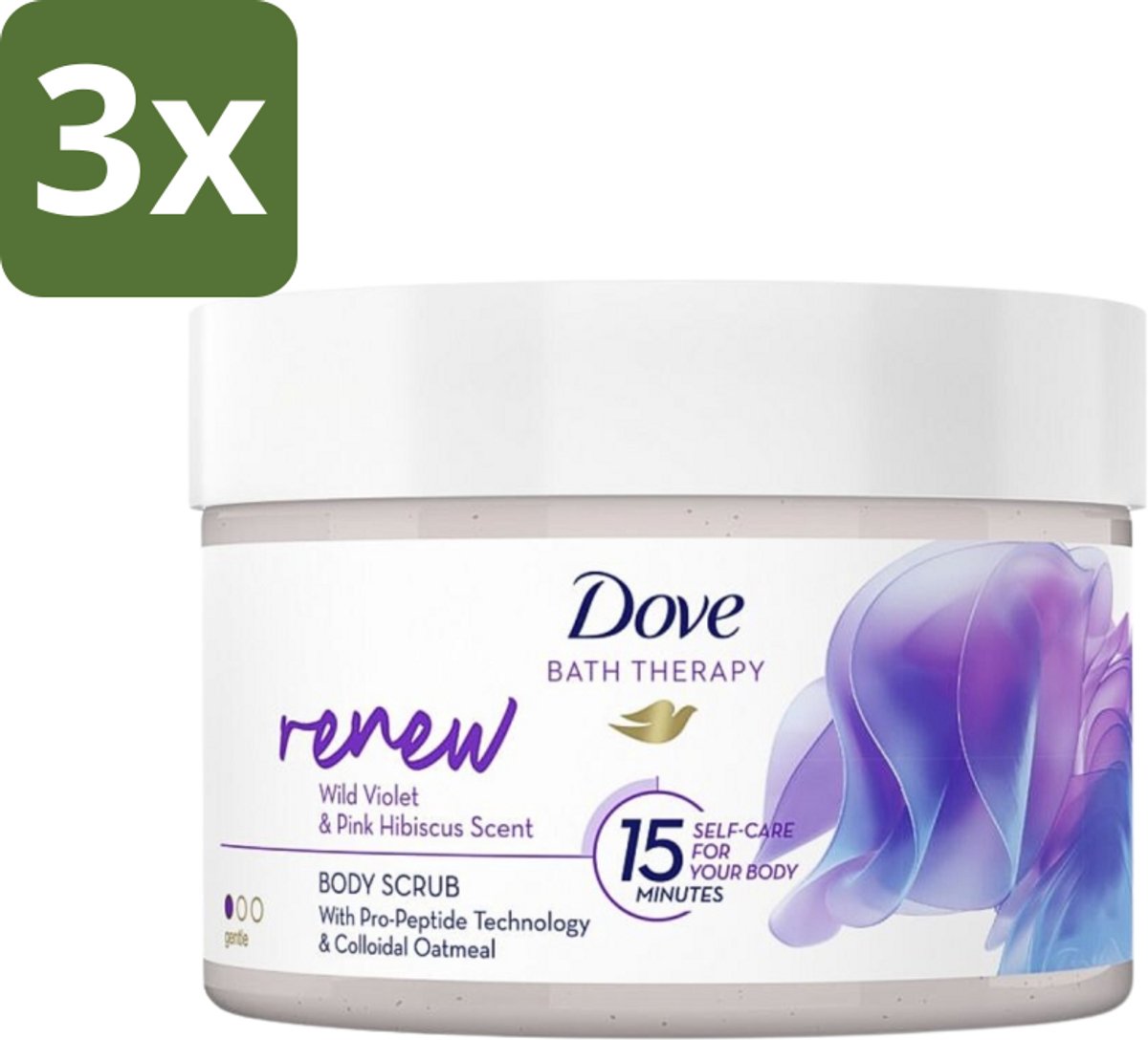 3 x Dove Bath Therapy Renew - Bodyscrub - Wilde Viooltjes & Roze Hibiscus - 295 ml - Huidvernieuwing - Huidscrub - Exfoliatie - Zachte Huid - Huidverzorging
