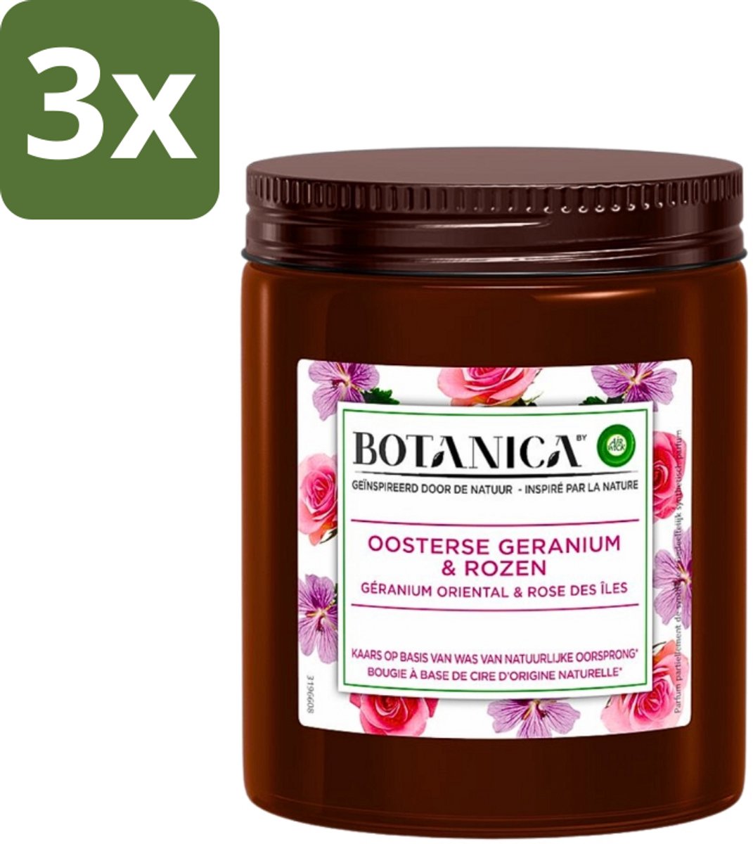 3 x Botanica by Air Wick - Geurkaars - Geranium & Rozen - 40 Uur Brandduur - Geurkaars - Geranium En Rozen - 40 Uur Brandduur - Natuurlijke Geur - Bloemige Geur