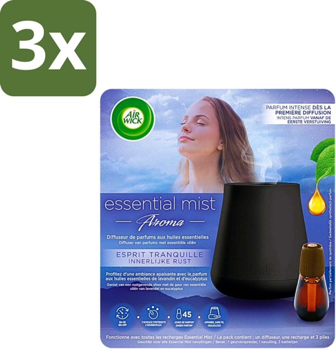 3 x Air Wick Essential Mist - Automatische Luchtverfrisser Kit - Innerlijke Rust - Eucalyptus & Lavendel - Luchtverfrisser - Aromatherapie - Eucalyptus - Lavendel - Rustgevende Geur