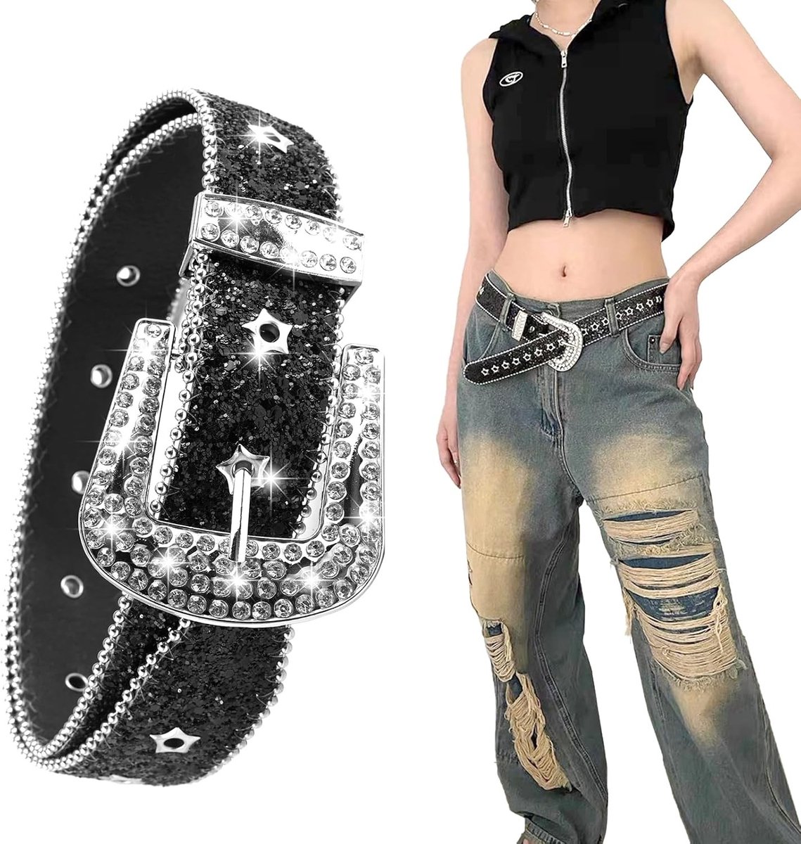 Rhinestone Ceintuur 103 x 3.8 cm voor Mannen en Vrouwen, Punk Glitter Ceintuur, Gothic Rock Stijl, Sprankelende Studs Ceintuur voor Jeans en Jurken