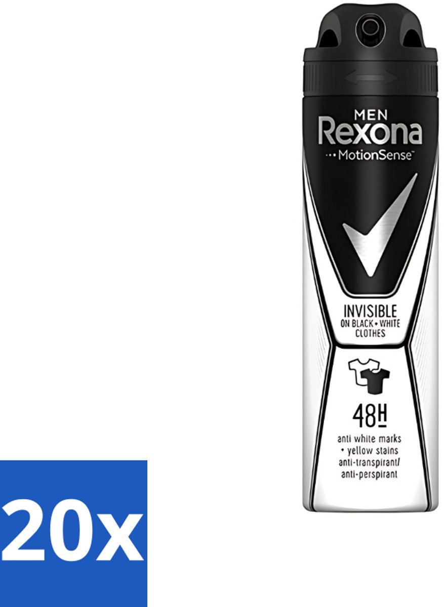 20 x Rexona Men - Deodorant Spray - Motion Sense - Invisible Black & White - Anti-Transpirant & Perspirant - 150ml - Deodorant Spray - Anti-transpirant - Witte Strepen - Gele Vlekken - Beschermd Tegen Transpiratie