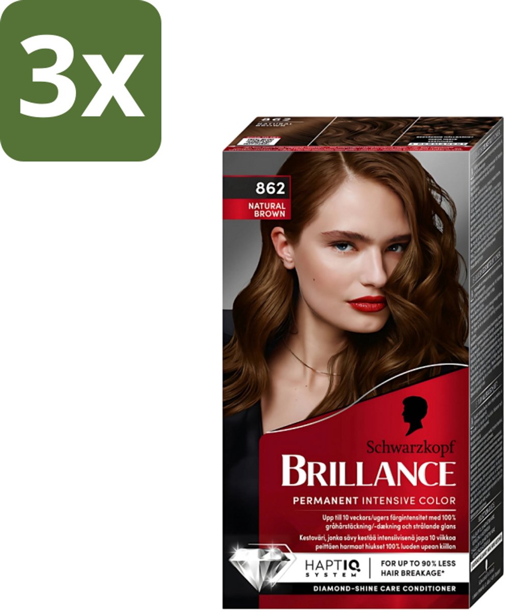 3 x Schwarzkopf Vital - Haarverf - Brillance - 862 Natuurlijk bruin - 60 ml - Haarverf - Haarkleur - Intensieve Kleur - Langdurige Kleur - Grijsdekking