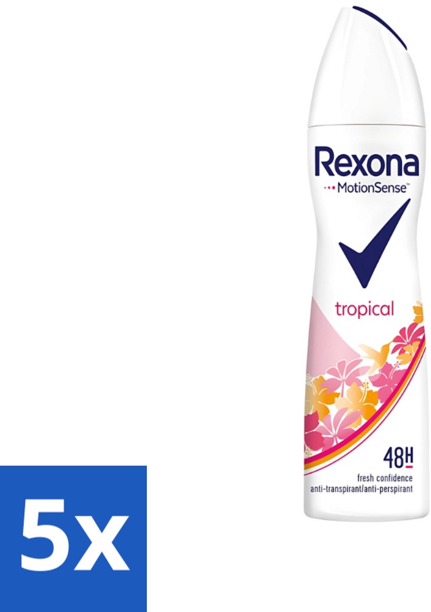 5 x Rexona - Deodorant Spray - Motion Sense - Tropical - Anti-Transpirant & Perspirant - 150ml - Anti-transpirant - Zweetvermindering - Deodorant - Tropische Geur - 48 Uur Bescherming