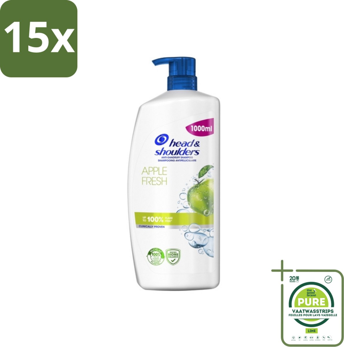 15 x Head & Shoulders - Anti-Roos Shampoo - Apple Fresh - Pompflacon - 1000 ml - Grootverpakking - Anti-Roos Shampoo - Roos Shampoo - Hoofdhuidverzorging - Haarverzorging - Apple Fresh