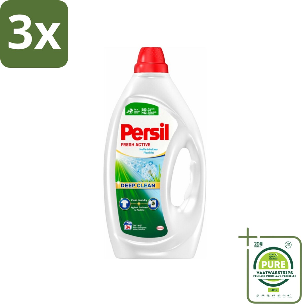 3 x Persil Fresh Active - Vloeibaar Wasmiddel - Witte en Gekleurde Was - Frisse Bries - 34 Wasbeurten - Grootverpakking - Wasmiddel - Vloeibaar Wasmiddel - Persil - Persil Fresh Active - Diepe Reiniging