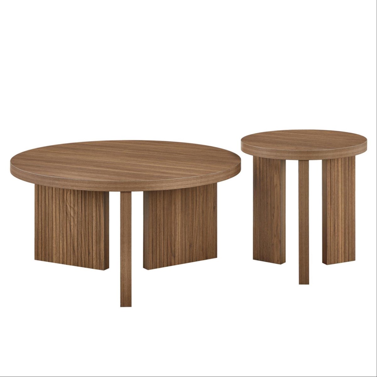 OKWISH Salontafel Set Van 2 Rond Modern Walnut Brown MDF Voor Woonkamer En Bureau 80 X 80 X 38 5 Cm Met Gerefineerde Ribbels
