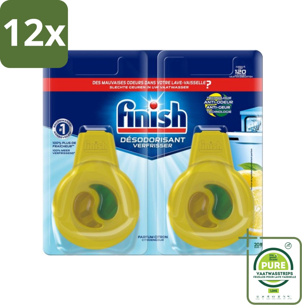 Finish Deo Odorstop - Vaatwasverfrisser - Citroen Parfum - Anti-geur - Tot 120 Afwasbeurten - Voordeelverpakking - 12 stuks - Vaatwasverfrisser - Anti-geur