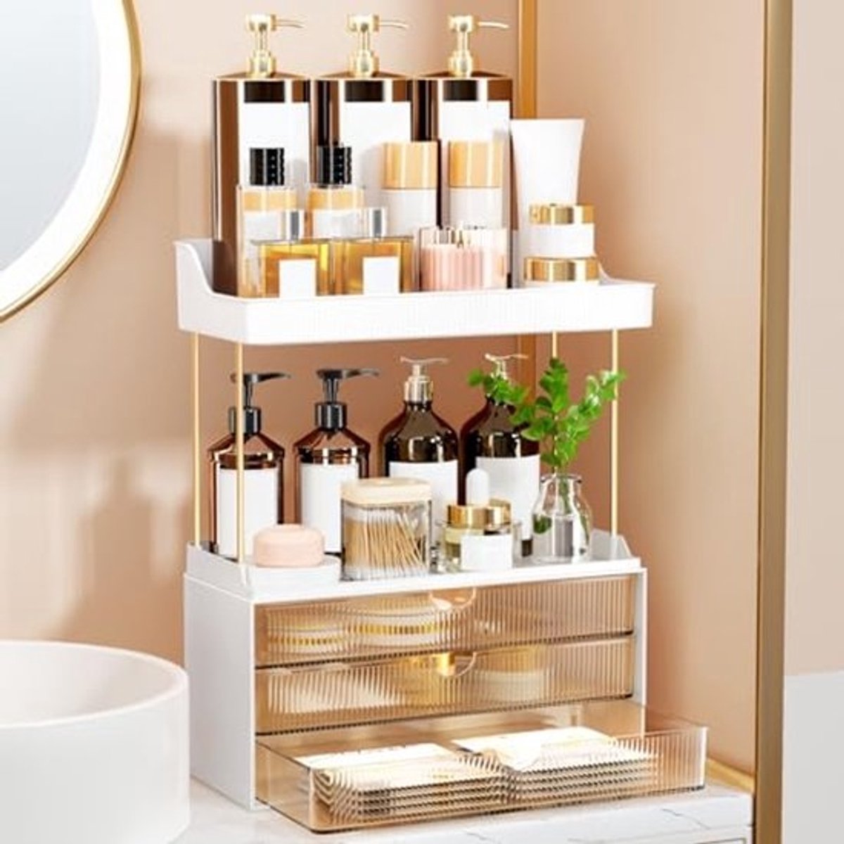 Make-up Organizer met 2 Etages en 3 Laden - Grote Vanity Organizer voor Cosmetica en Badkamer