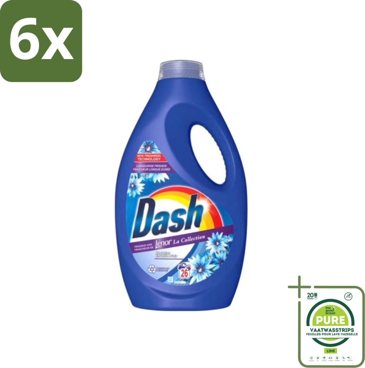 Dash - Lenor Collectie - Vloeibaar Wasmiddel - Witte en Gekleurde Was - Zeebries - 26 Wasbeurten - Voordeelverpakking - 6 stuks - Wasmiddel - Lenor