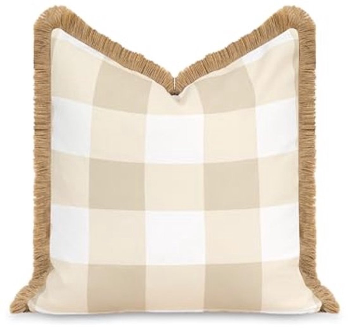 Waterafstotende sierkussenhoes voor binnen en buiten - 50 x 50 cm, neutrale bruine plaid met franje