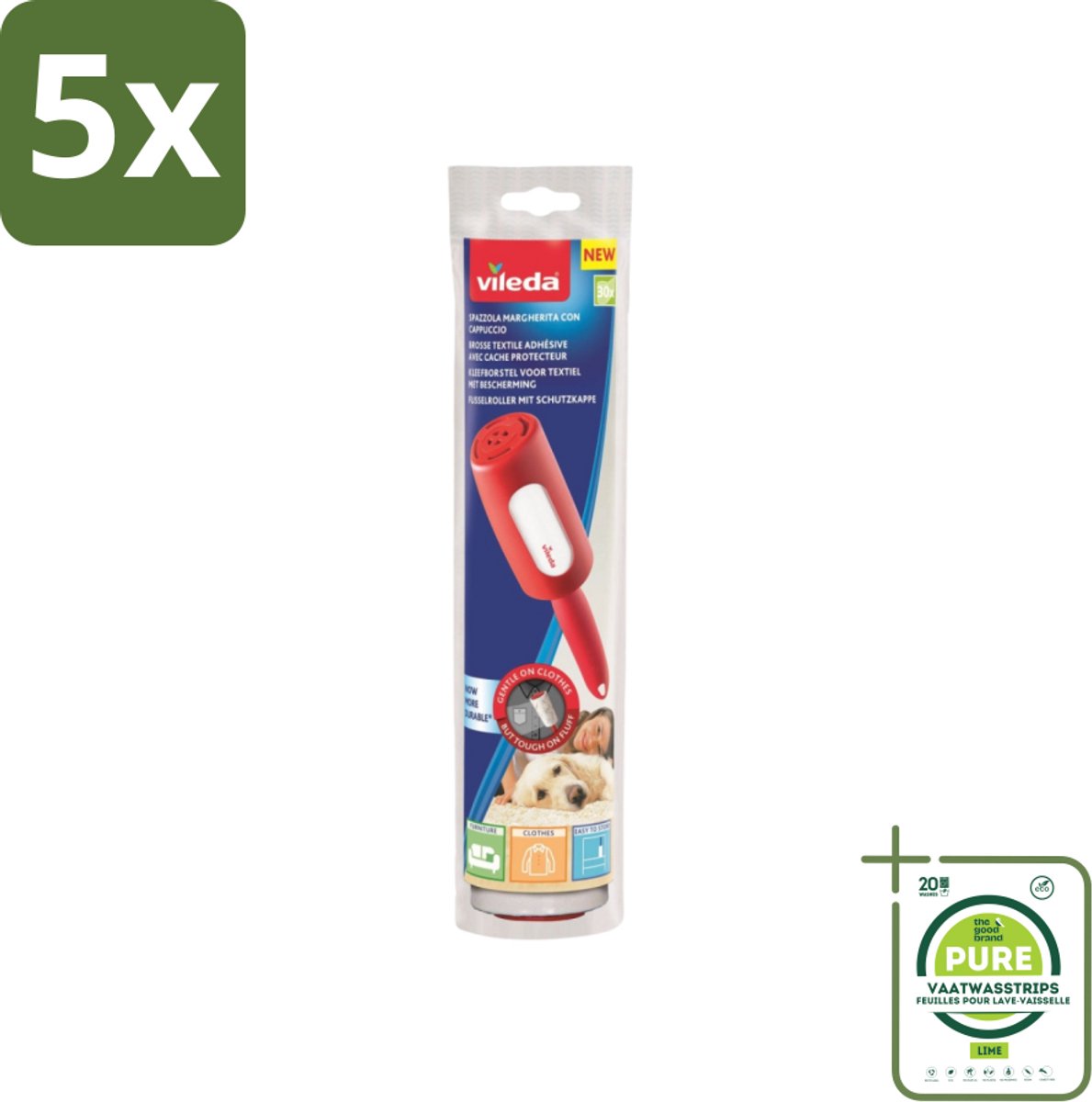 5 x Vileda - Lintroller - Pluisverwijderaar - Inclusief Beschermkap - 30 Vellen - Grootverpakking - Pluisverwijderaar - Lintroller - Stofzuiger - Kledingreiniger - Textielreiniger