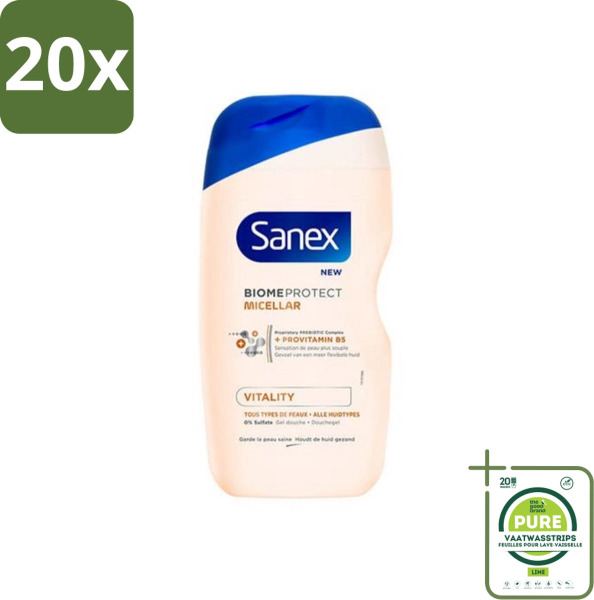 20 x Sanex - BiomeProtect Micellair - Douchegel - Vitaliteit - 0% Sulfaat - Alle Huidtypes - 400 ml - Grootverpakking - Sanex BiomeProtect - Micellair Douchegel - BiomeProtect Technologie - Milde Reiniging - Sulfatenvrij