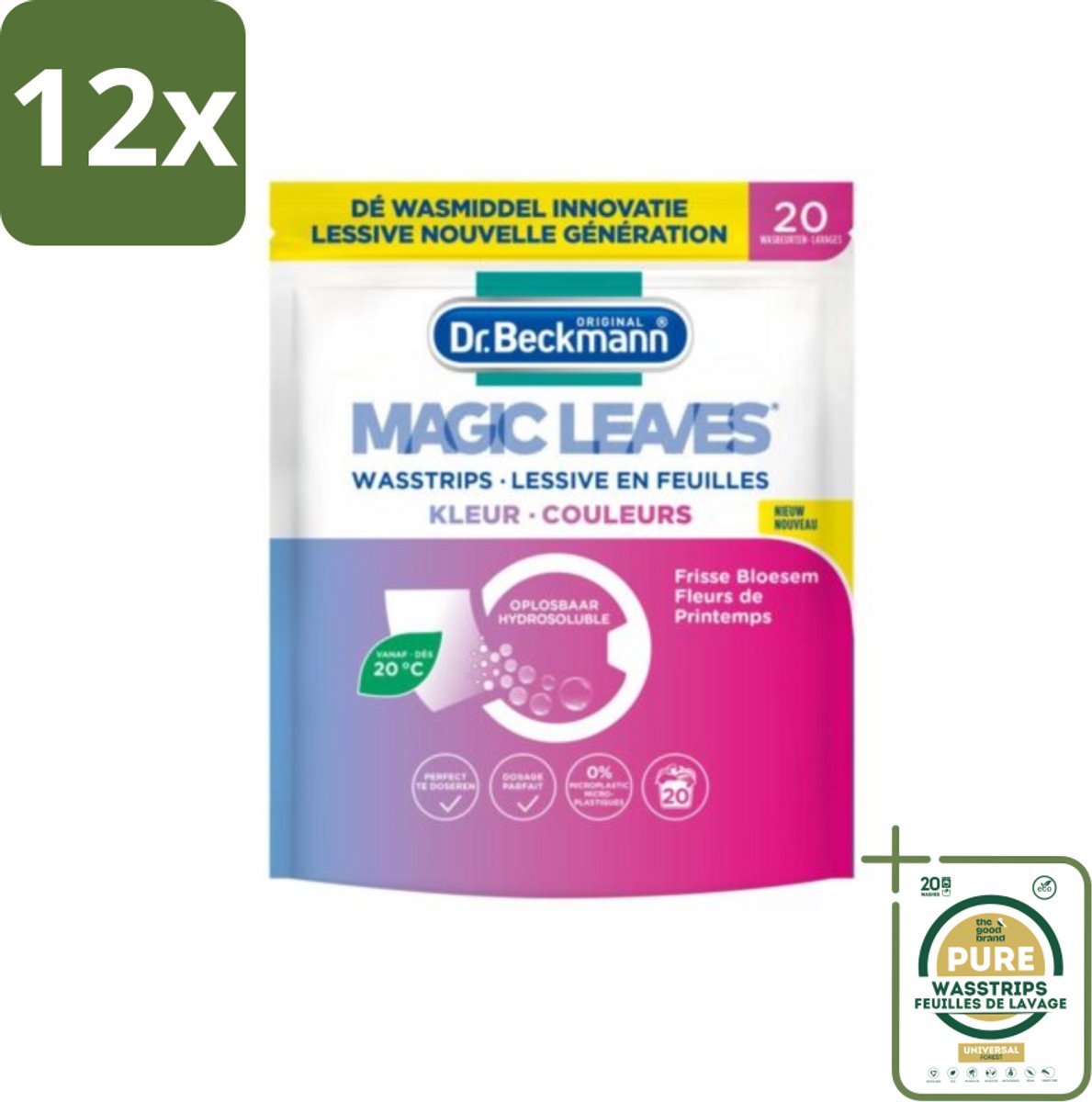 Dr. Beckmann - Magic Leaves - Wasstrips - Gekleurde Was - Frisse Bloesem - 20 Wasbeurten - Voordeelverpakking - 12 stuks - Gekleurde was - Frisse geur