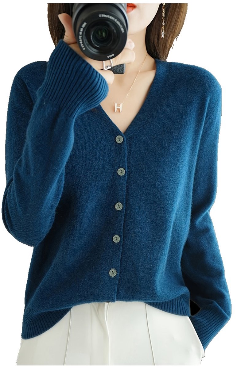 Currero Cardigan Dames Vest Vrouwen Met Knopen Volwassenen Warm Gebreid Vest Long Blauw