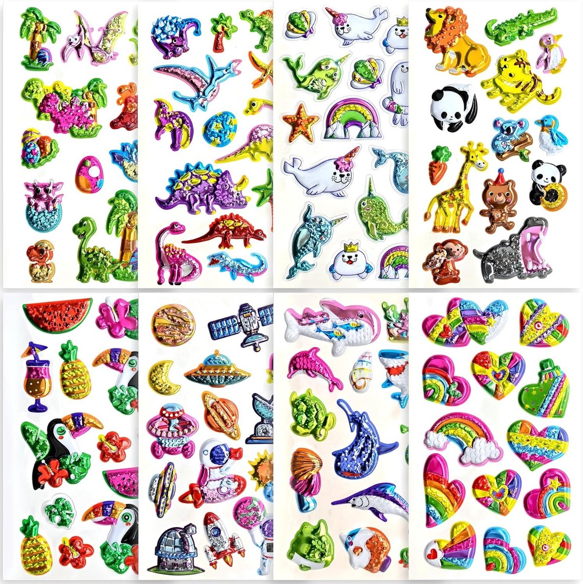 3D Stickers voor Kinderen - 104 Stuks op 8 Bladen - Perfect voor Scrapbooking, Cadeaus en Creatieve Projecten met Dieren en Dinosaurussen