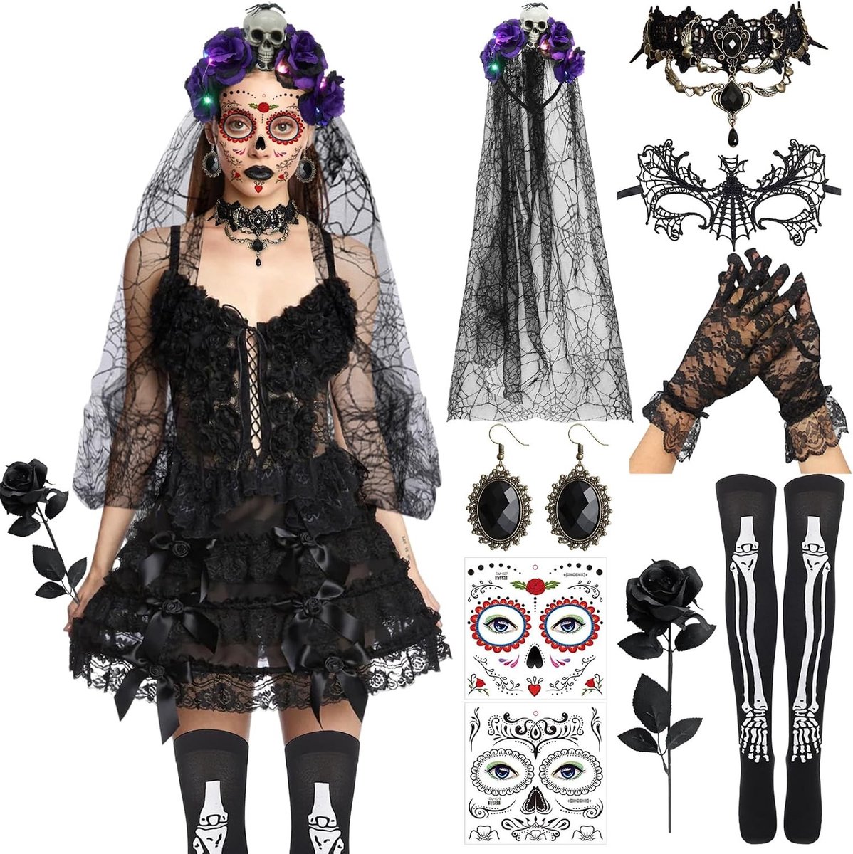Halloween Vleugels met LED Verlichting, 9-delige Skelet Kostuum voor Vrouwen, Griezelige Carnaval Outfit en Cosplay Accessoire