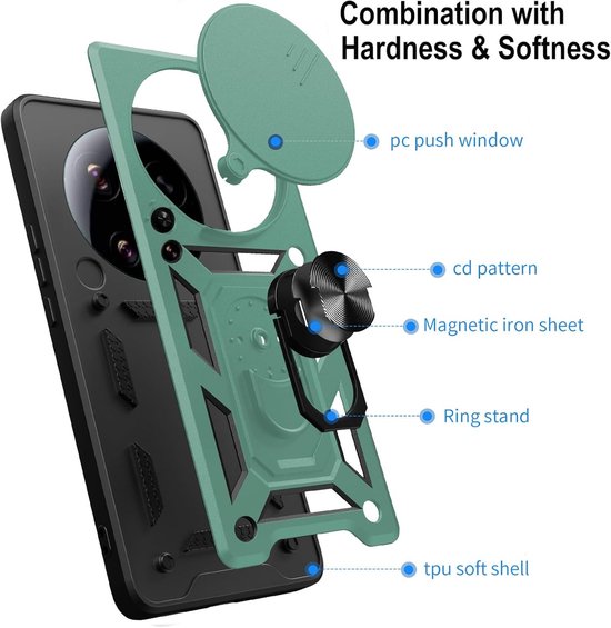 Beschermende Hoes voor Xiaomi 17 Ultra 5G met Schuiflens en Draaibare Stand + 2 Stuks Tempered Glass, Schokbestendig en Militaire Kwaliteit Groene Hard Shell Cover — afbeelding 3