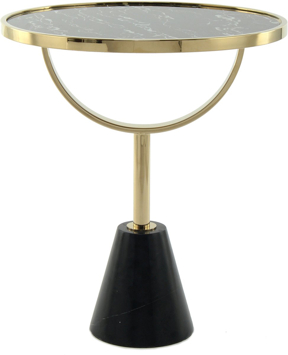 Padiro ronde bijzettafel Ø 46 x 54 cm - zwart - glazen tafelblad - Modern Art-Déco Glamour Look - met marmerenpatroon - roestvrij stalen onderstel