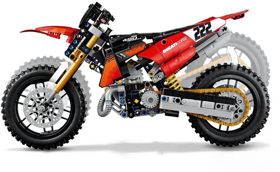 Lego Technic Ducati motorfiets, rood met zwarte en gouden details, gouden ketting en vering. Nummer 222.
