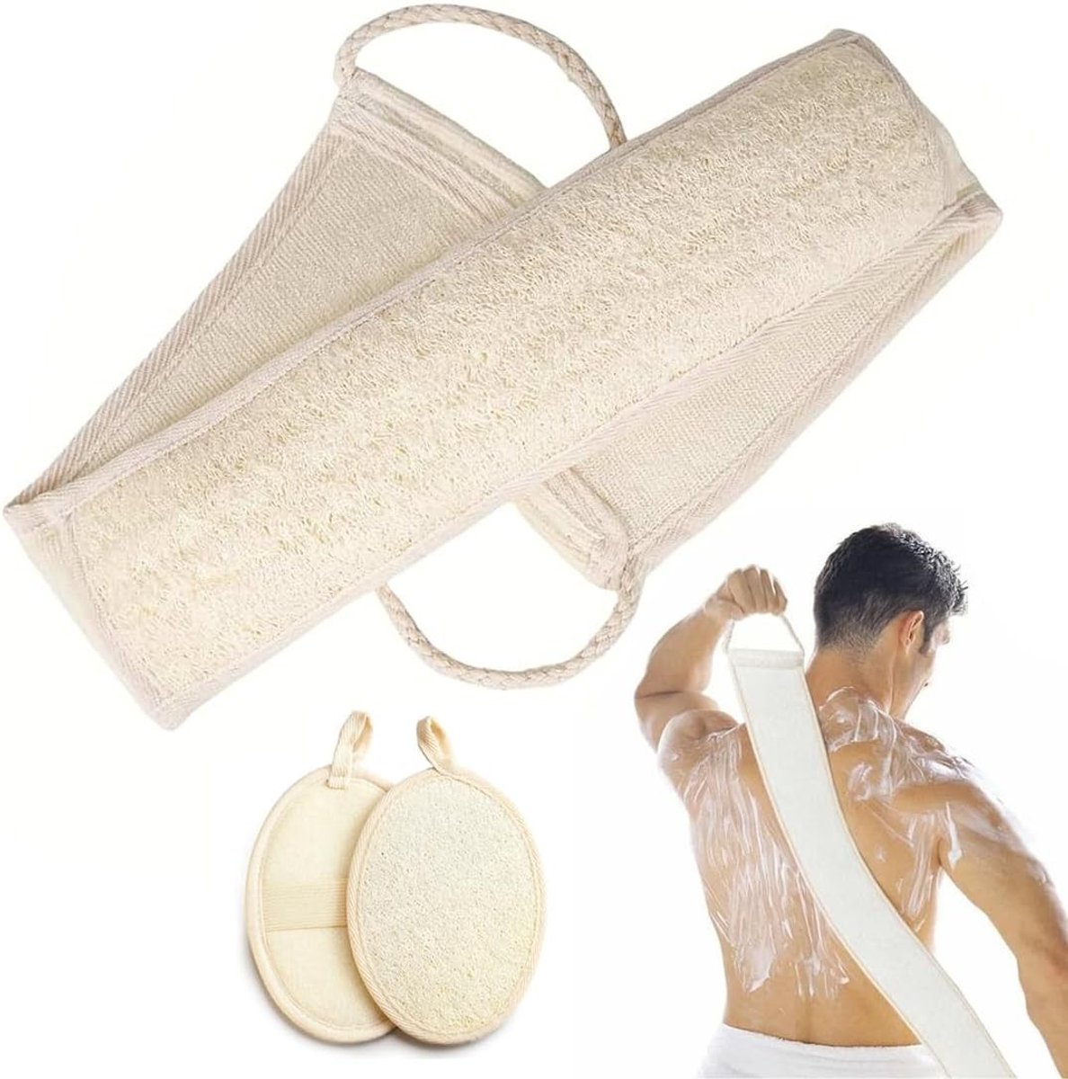 Luffa Body Scrub Set met Natuurlijke Spons, Douche Rugband en Wasriem voor Dames en Heren - Perfect voor Verzorging en Peeling