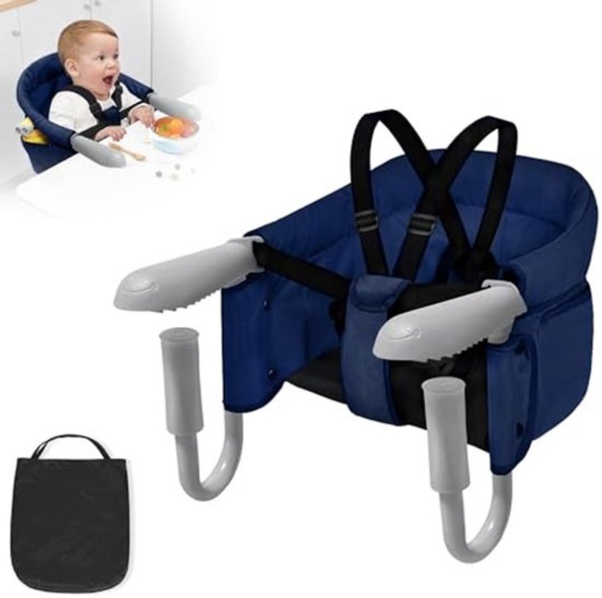 Opvouwbare Tafelstoel voor Baby, Hoge Stoel met Zitverhoging, Stabiliteit en Comfort, Inclusief Tas, Blauw