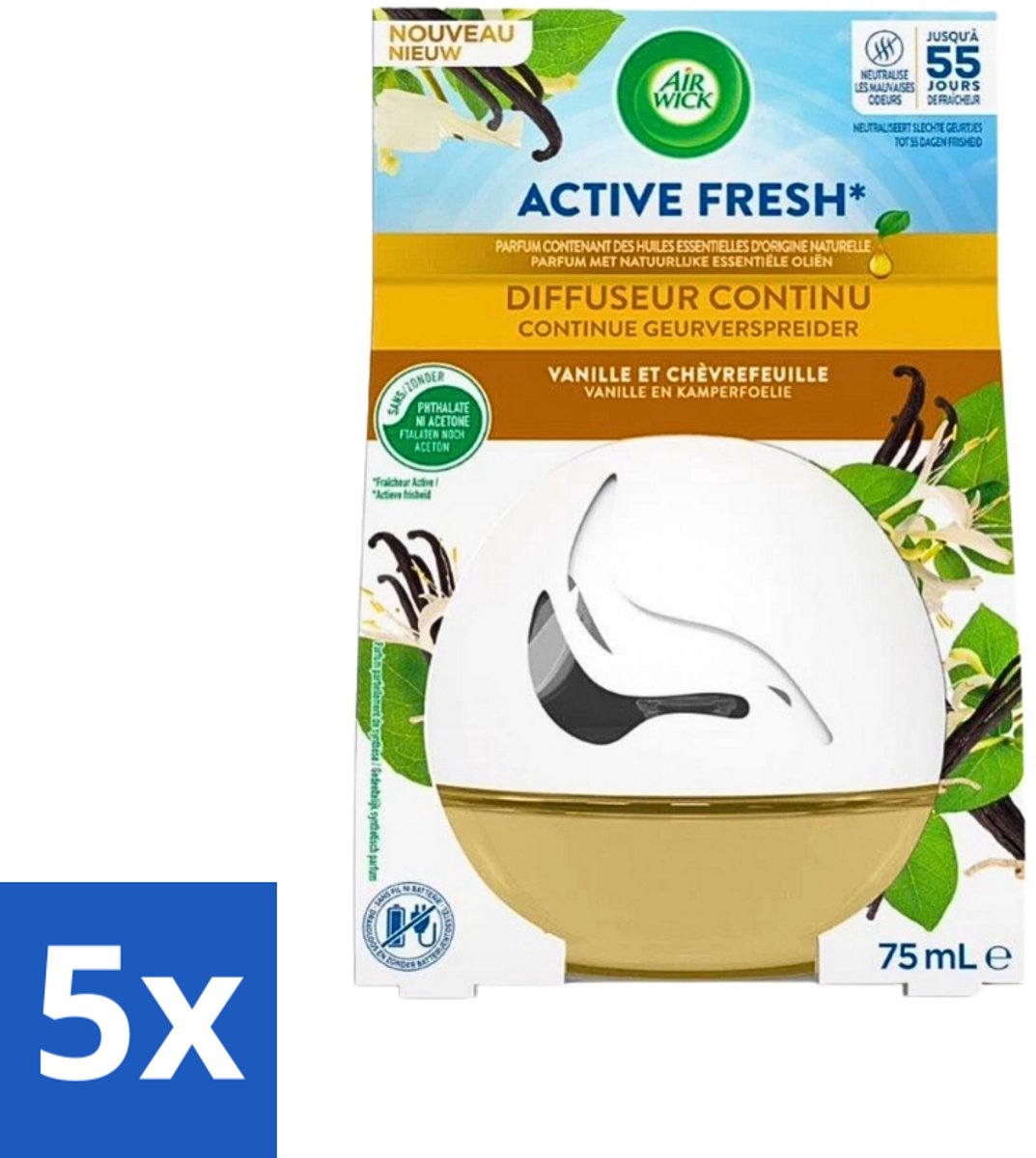 Air Wick Decosphere - Luchtverfrisser - Vanille & Kamperfoelie - 75ml - Bulkverpakking - 5 stuks