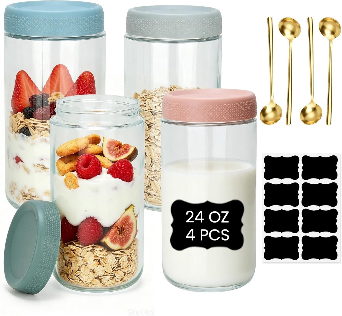 Set van 4 Levensmiddelenopslag Potten van 750 ml met Roestvrijstalen Lepels en Labels, Luchtdichte Havermoutcontainers, Stapelbaar in Roze, Grijs, Groen en Blauw