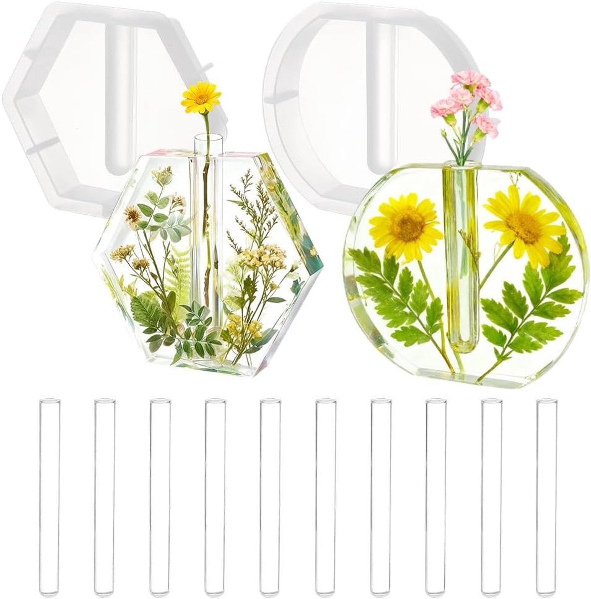Grote Siliconen Mallen voor Bloemhouders, Hexagon en Ovaal, Inclusief 10 Proefbuisjes voor Bloemenbehoud en DIY Geschenken voor Bruiloften en Verjaardagen