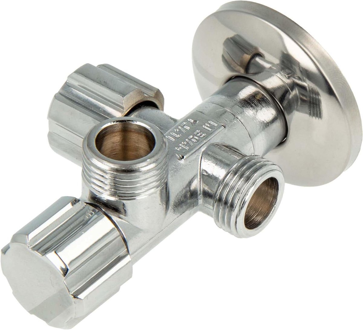 Dubbel hoekventiel - Twee uitgangen - Sanitair aansluiten - Afzonderlijk afsluitbaar - 1/2 inch - Chroom