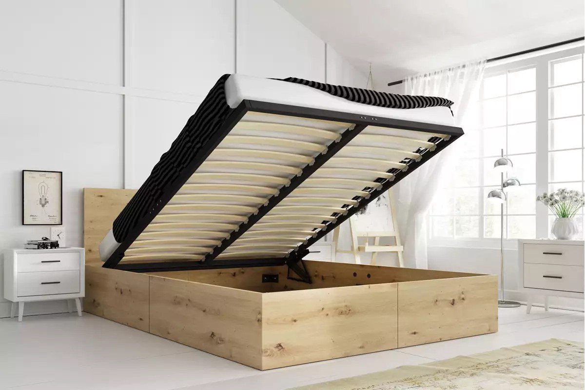BMS PAX 160x200 Bedroom Bed with Mattress and Storage, Artisan Oak