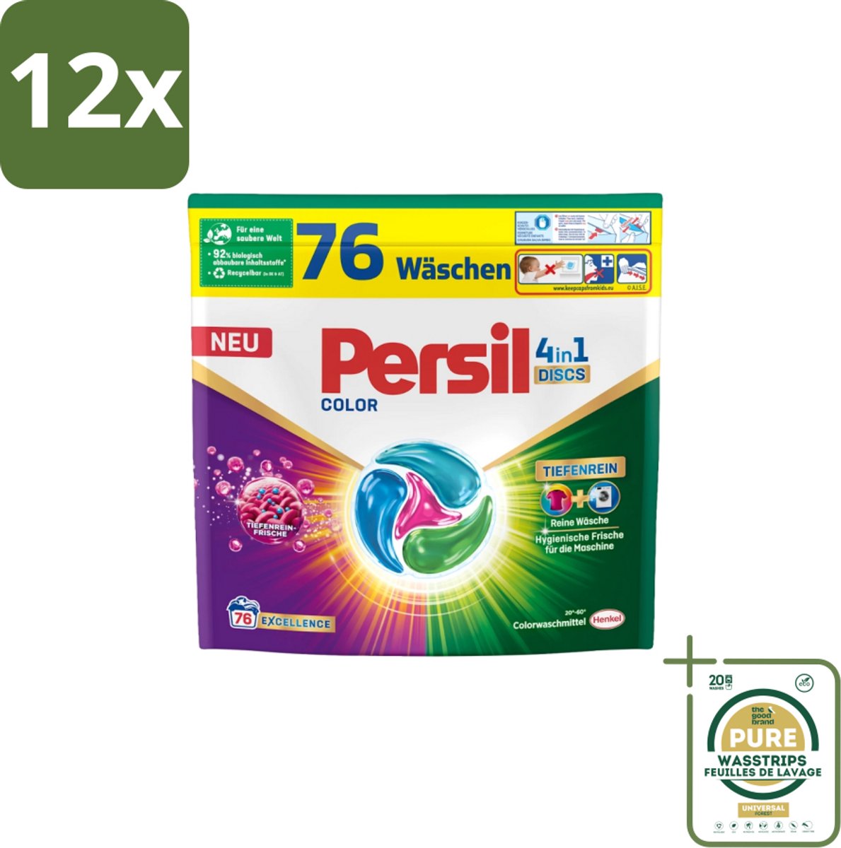 Persil – Wasmiddel Discs 4-in-1 – Color - 76 Capsules - Voordeelverpakking - 12 stuks - Vlekken verwijderen - Wasdiscs