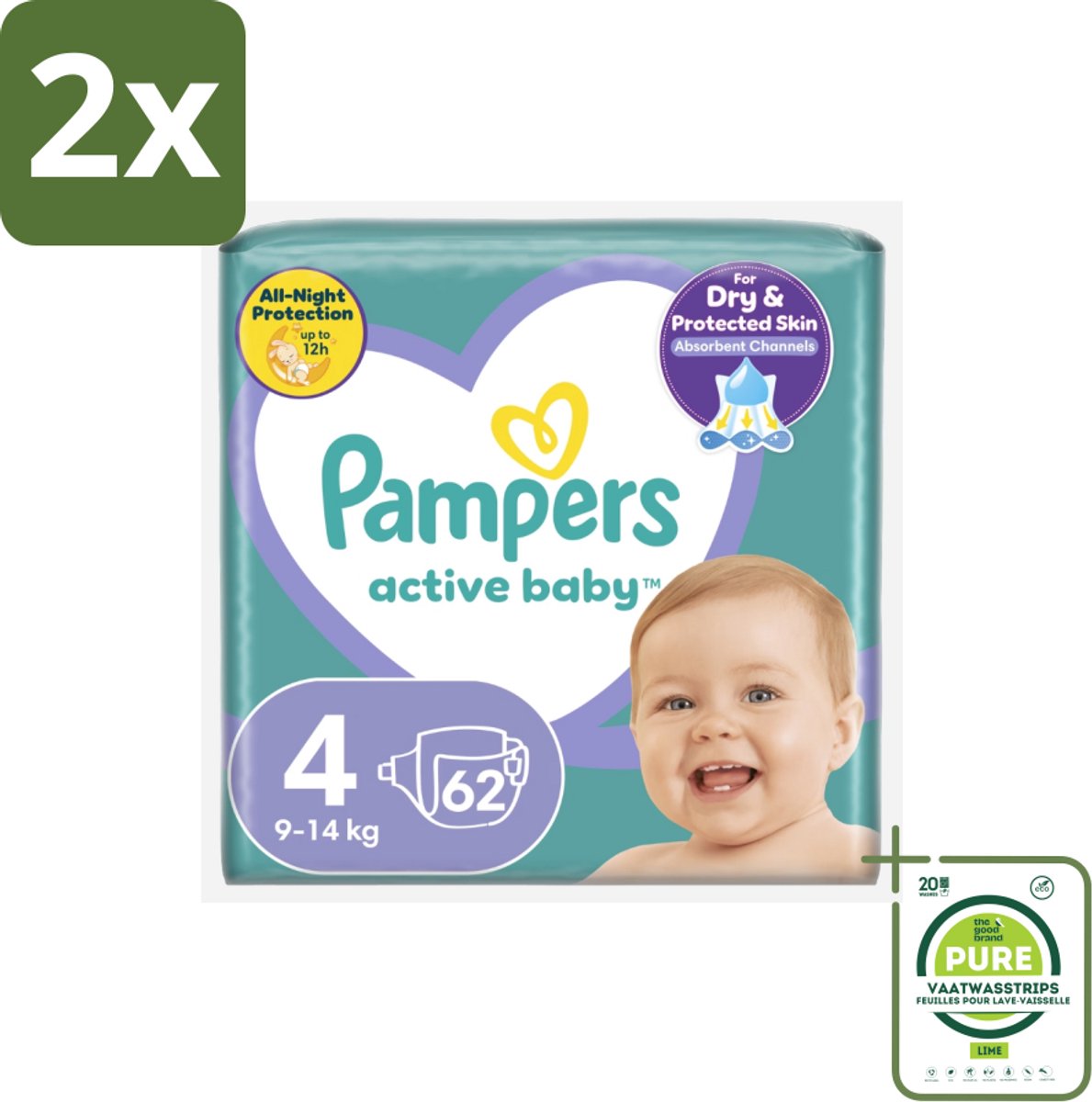 Pampers – Luiers – Active Baby Maat 4 (9-14 kg) – 62 Luiers - Voordeelverpakking - 2 stuks - Luiers voor baby - Droge luiers